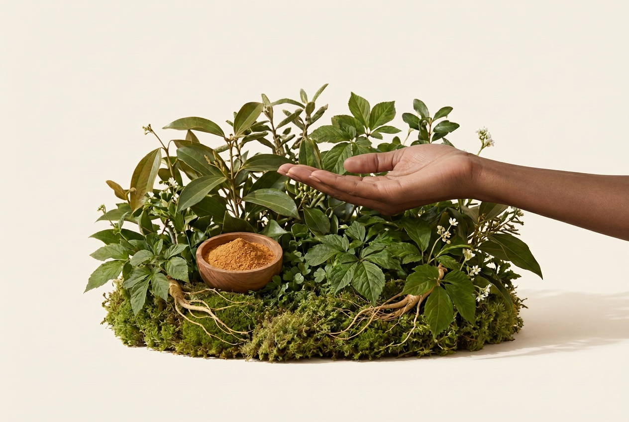 Touffe tropicale de cannelle et de ginseng avec poudre d’ankoro et main tendue